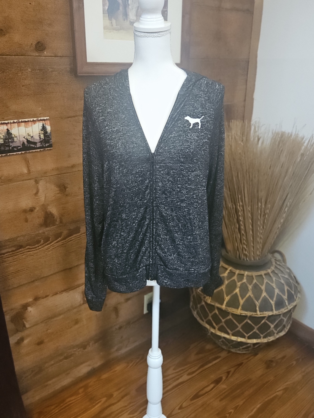 PINK Victoria's Secret Graphite Heather Ruched Zip-Front Hoodie